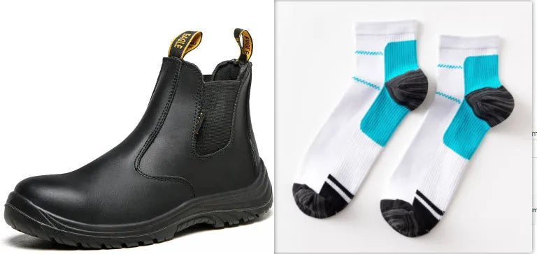 Black leather safety work boots with a high-top design and steel toe cap on a white background.