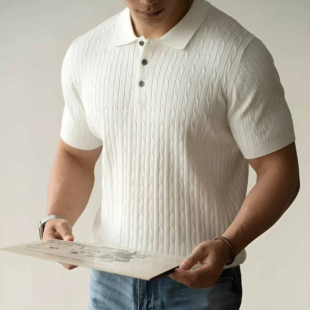 Men's short sleeve knit polo shirt in khaki, black, or white for business and office wear