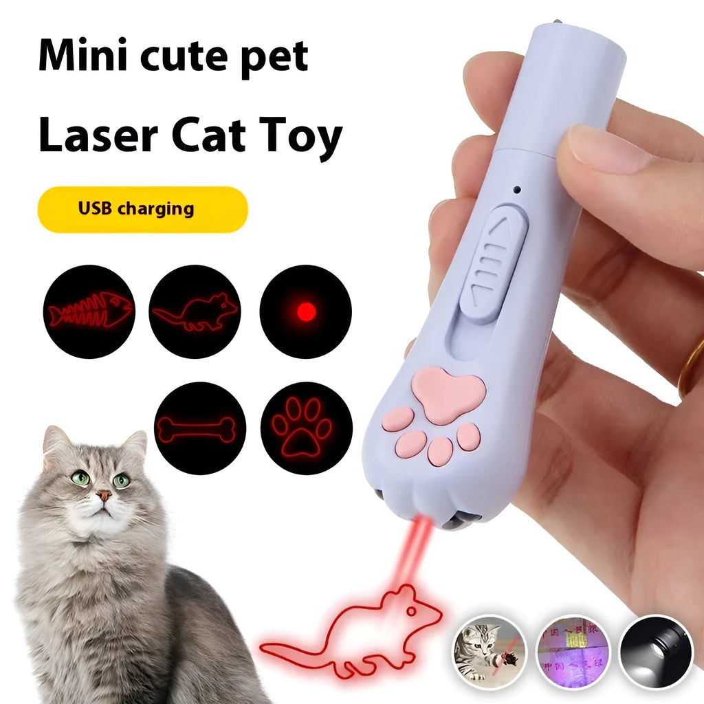 Blue rechargeable infrared cat toy projecting laser footprints on floor with separate cat teasing stick.
