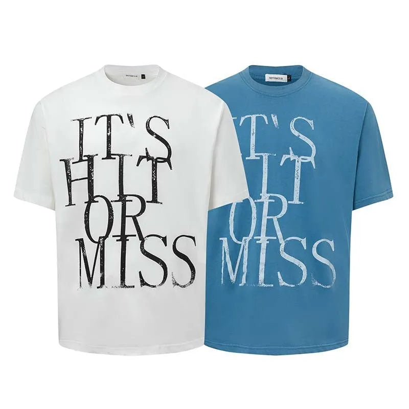 Men's blue loose-fit American retro t-shirt with a large white letter print across the chest.