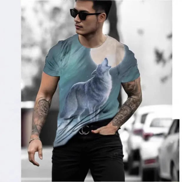 Close-up of a men's retro style t-shirt with a detailed 3D animal graphic print on thin polyester fabric.