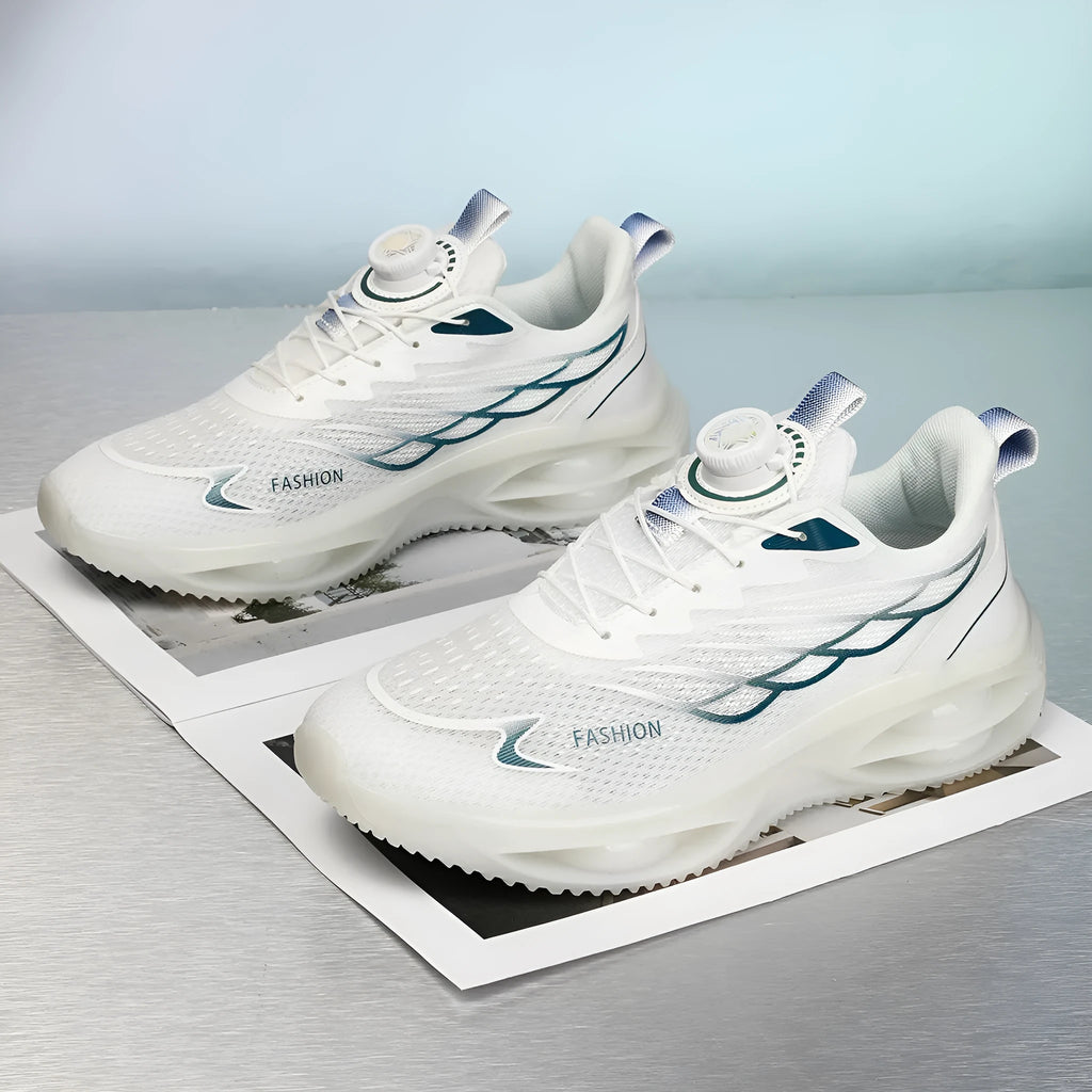 Casual running shoes with mesh upper and rubber sole in sky blue, black gold, or white colours