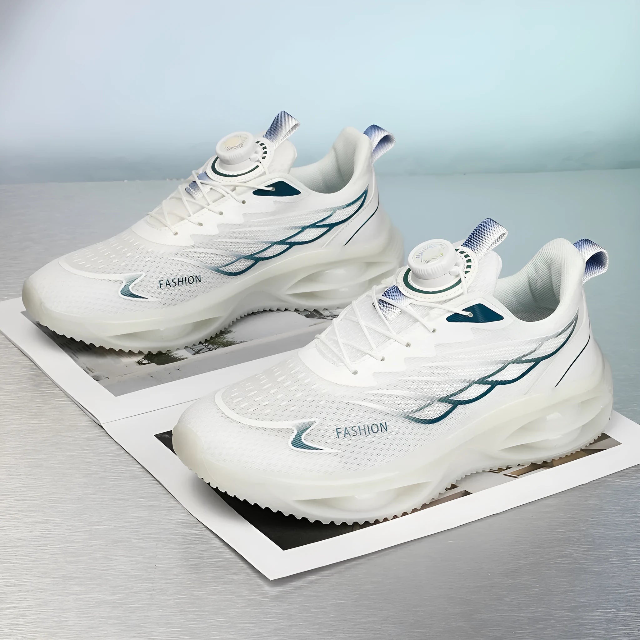 Casual running shoes with mesh upper and rubber sole in sky blue, black gold, or white colours