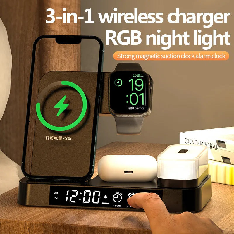 White 4-in-1 wireless charging station with foldable phone stand, alarm clock display, and RGB night light