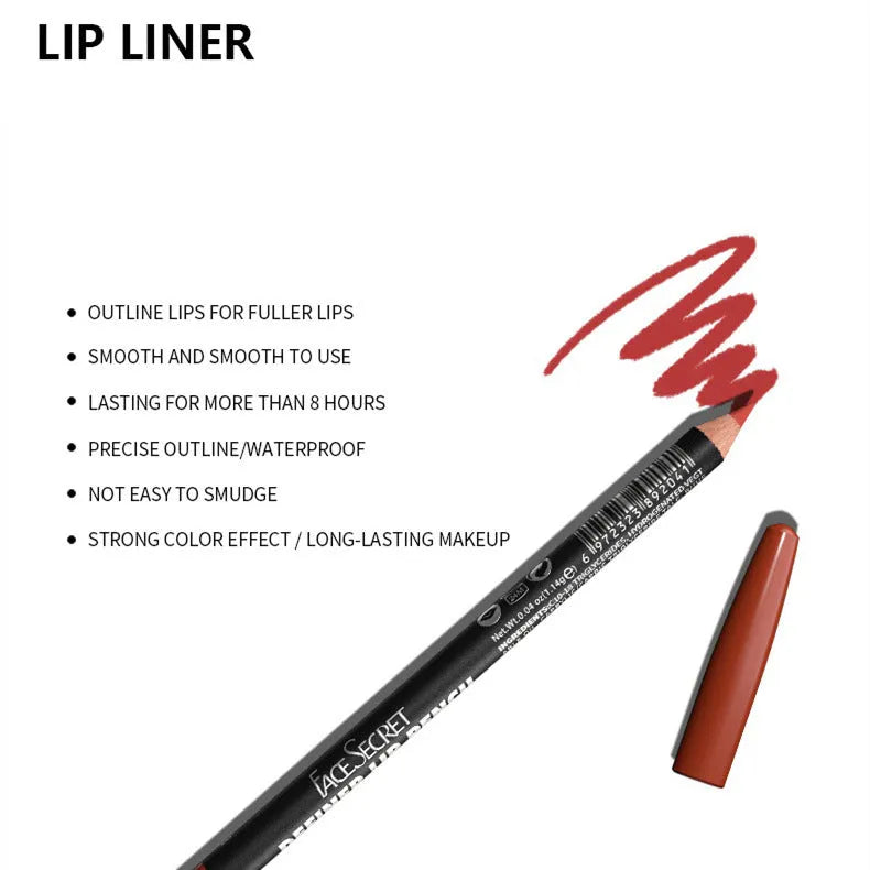 Matte finish lip liner pencil in wood-inspired shades with 24-hour wear and cup transfer resistance claims