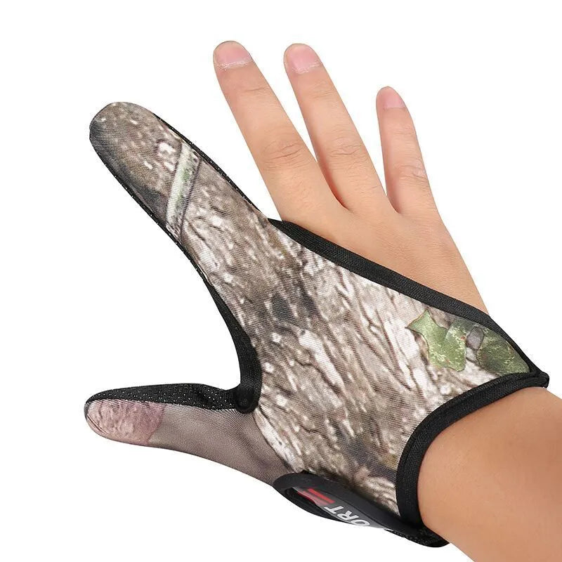Single two-finger fishing glove showing microfiber palm and diving cloth back, colour options include blue, red, black, camouflage.