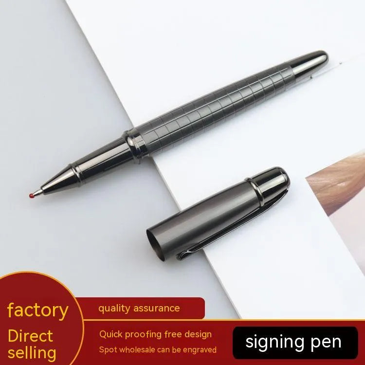 Gun grey metal rollerball pen with 13.5cm barrel shown alongside black and blue refills