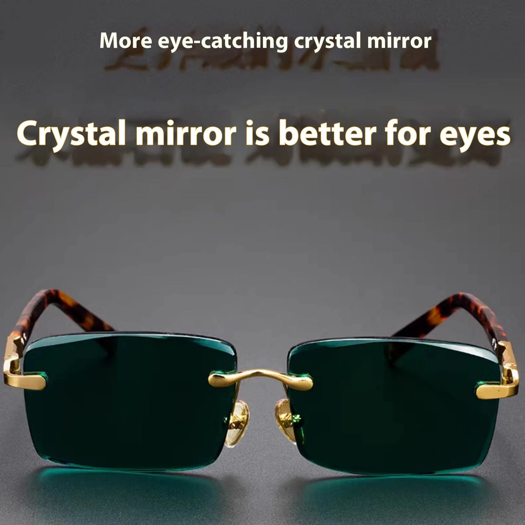 Dark green crystal frameless sunglasses with protective case and cleaning cloth