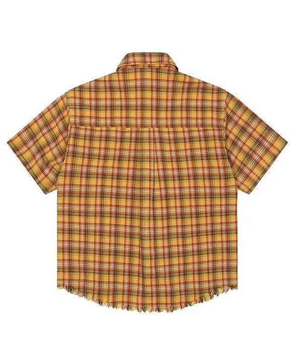 Yellow and white check short sleeve shirt with an embroidered chest pocket on a loose fit.