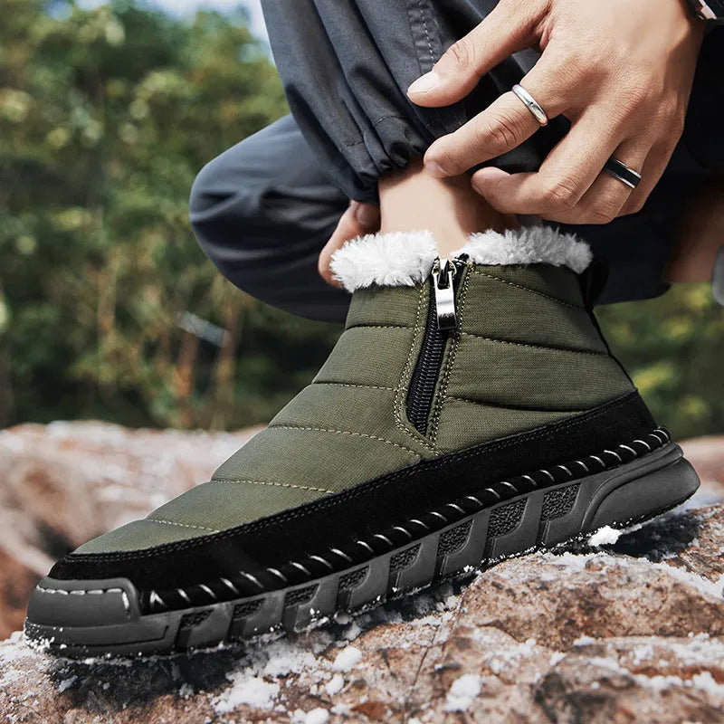 Men's plus size snow boots in black with round toe, flat heel, and non-slip rubber sole