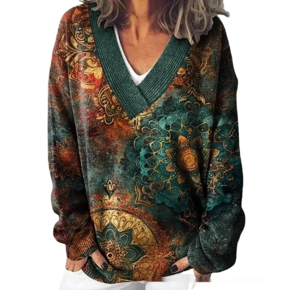 Women's V-neck long sleeve sweatshirt with a raised 3D floral pattern in an art retro style.
