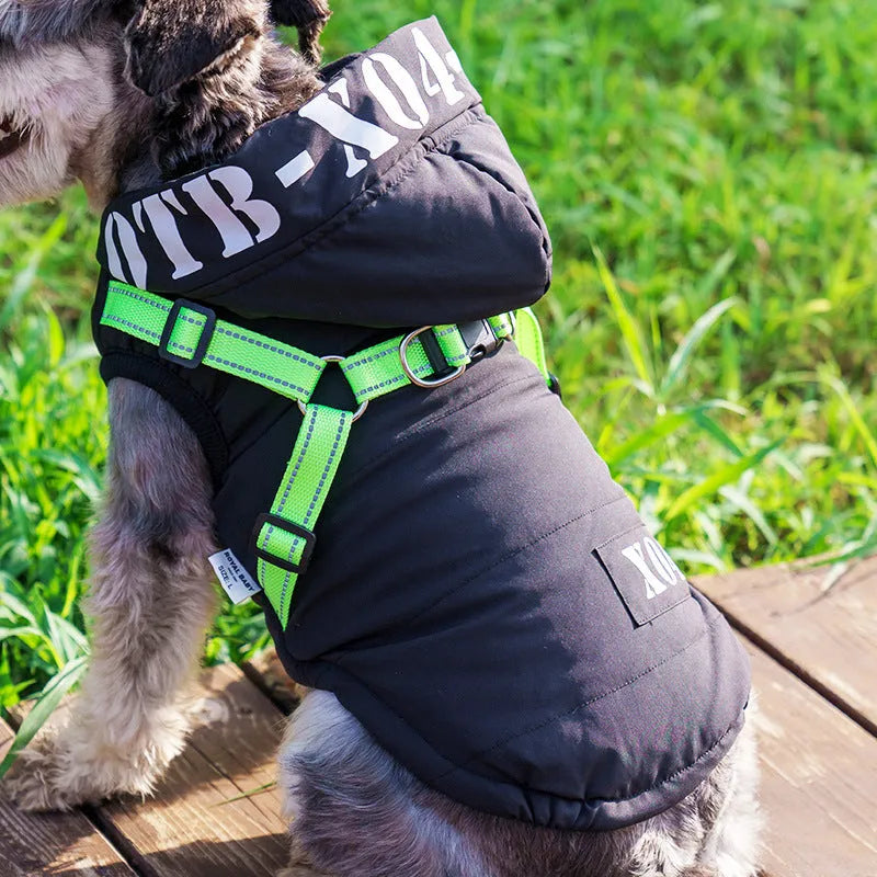 Winter fleece-lined waterproof dog jacket with hood in black blue gray or red colours