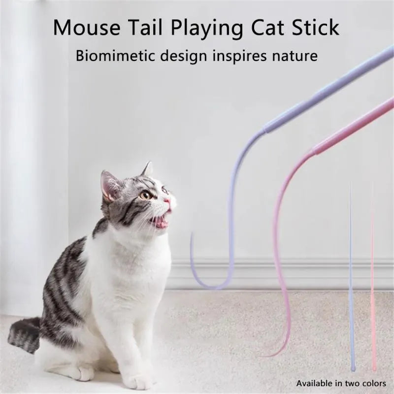 Blue silicone mouse tail cat toy with cat head design measuring 80cm in length