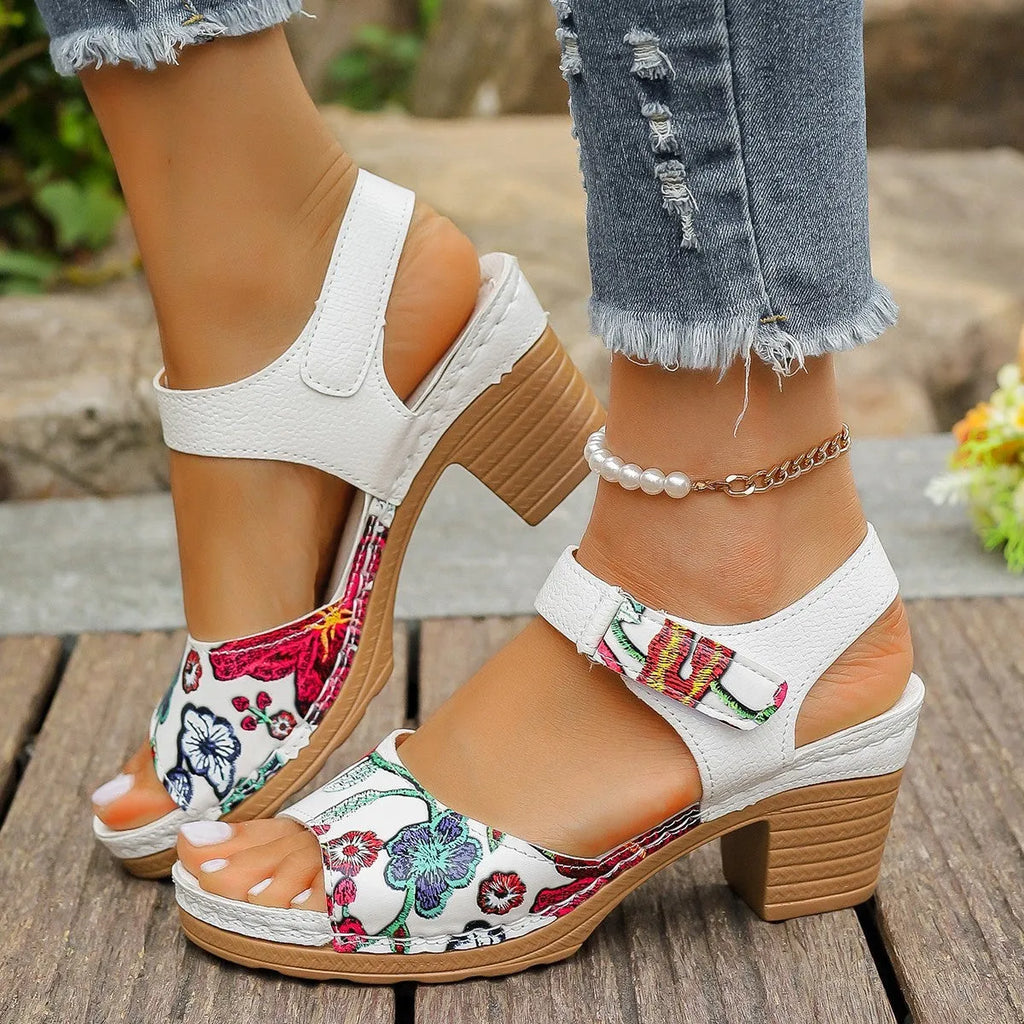 White women's casual high heel sandals with Velcro buckle closure and rubber sole