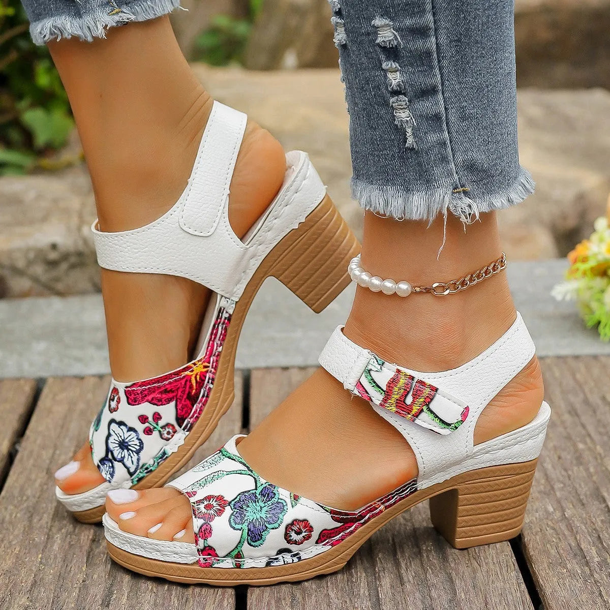 White women's casual high heel sandals with Velcro buckle closure and rubber sole