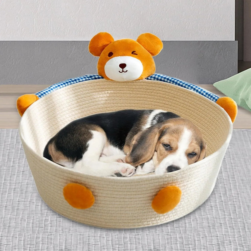 Woven cotton rope cat bed with integrated scratch board in bear design, showing basket shape with pet toy storage