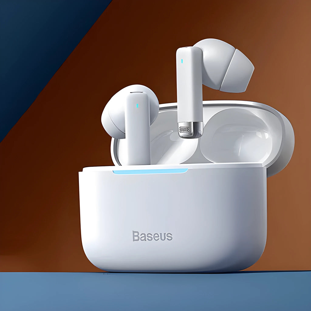 Pearl White and Obsidian Black true wireless earphones with charging case on a grey background.