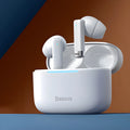 Pearl White and Obsidian Black true wireless earphones with charging case on a grey background.