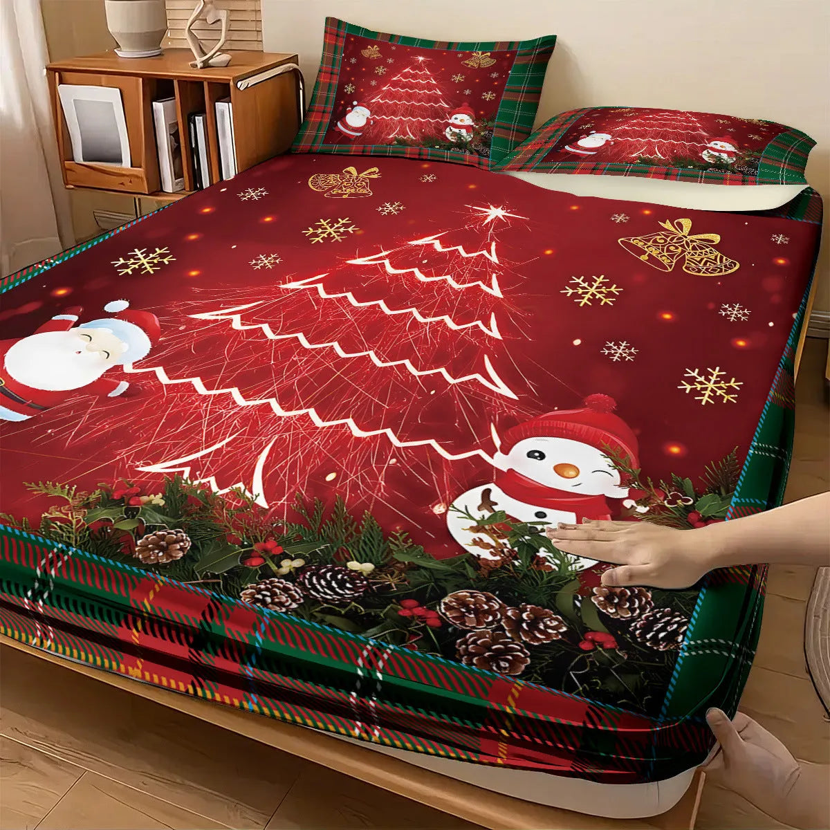 Christmas tree 3D printed fitted sheet set with two pillowcases, chemical fibre, sizes 180x200 and 200x220