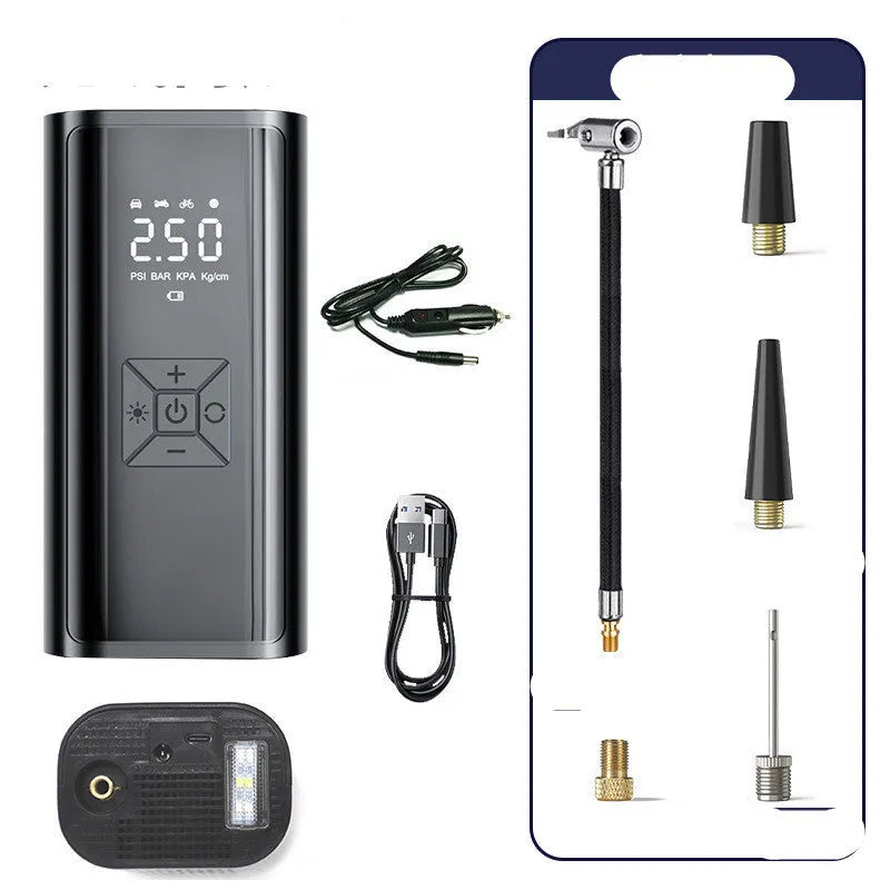 Digital display car tyre pump with LED light and USB port for wireless inflation