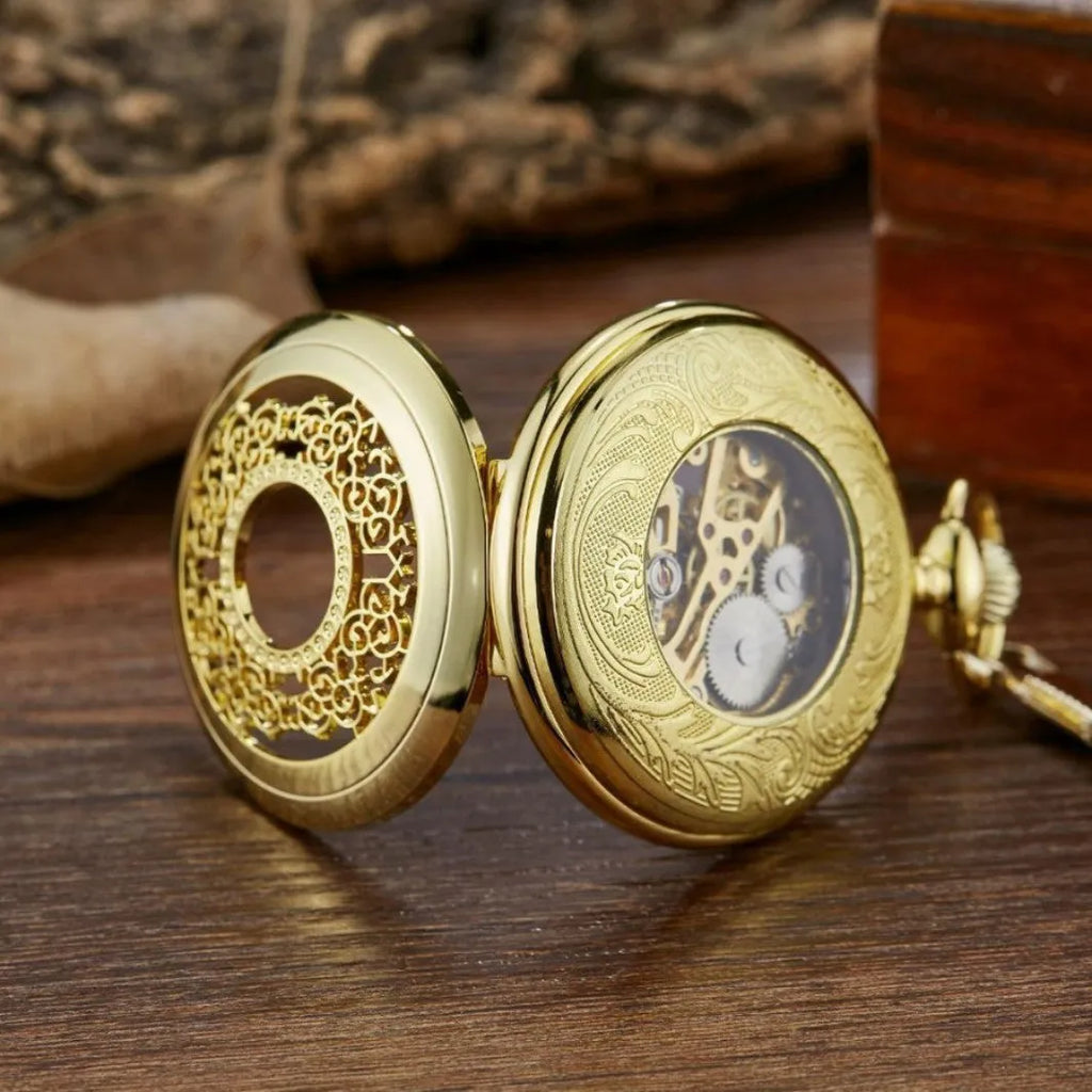 Retro hollow floral print automatic mechanical pocket watch with transparent case back showing movement