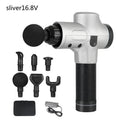 Black electric muscle massage gun with multiple attachment heads on a grey background.