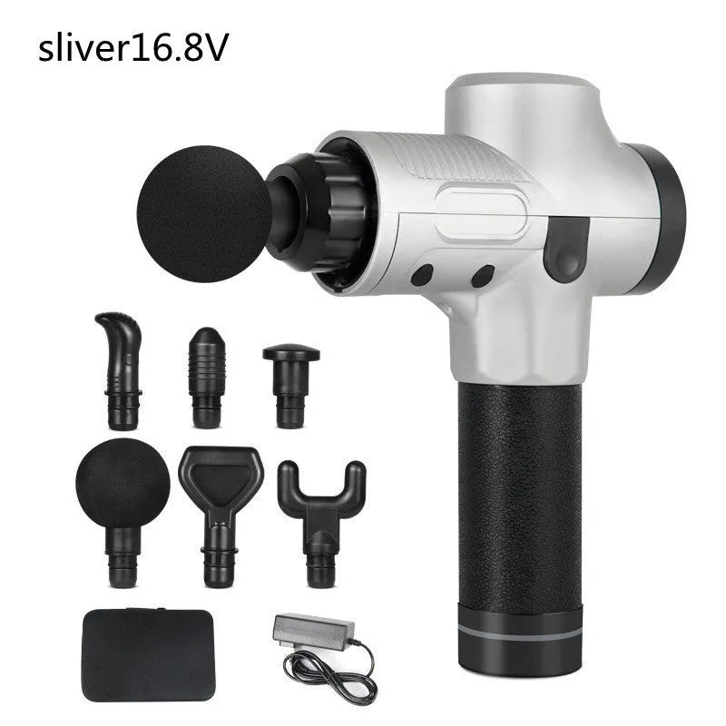 Black electric muscle massage gun with multiple attachment heads on a grey background.