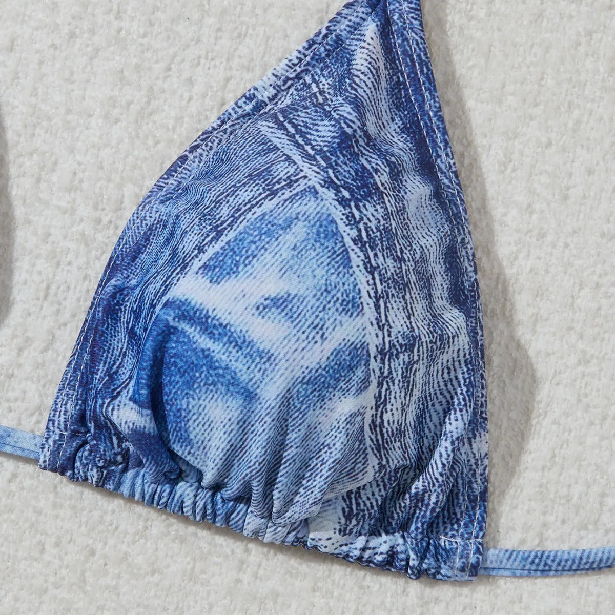 Women's denim blue printed bikini set with strap design and nylon-spandex fabric