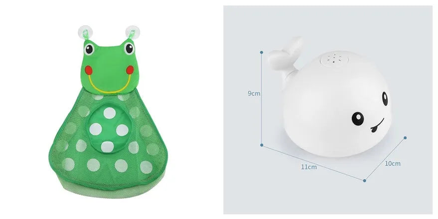 Whale-shaped electric bath toy spraying water with coloured LED lights, shown with base unit on blue background
