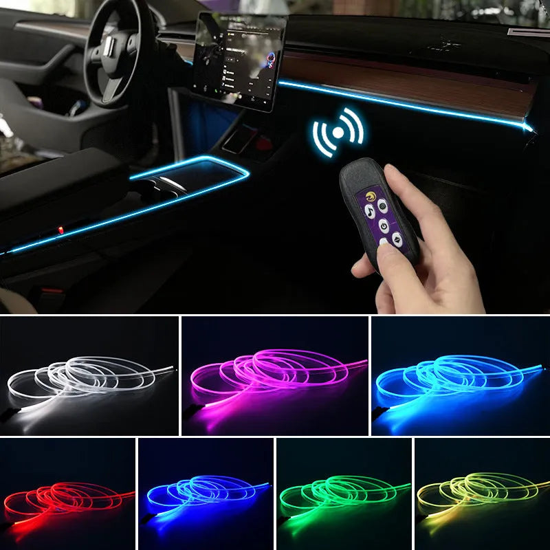 Car LED atmosphere light with colourful changing illumination on dashboard and centre console