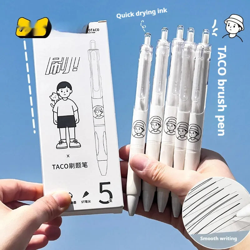 Five white and black 0.5mm ballpoint pens with quick-drying black ink for student writing