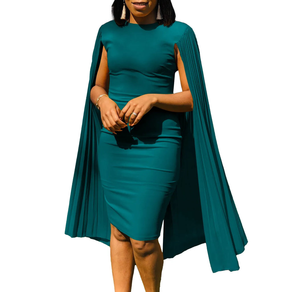 Women's long sleeve evening gown with pleated shawl collar and high waist in a choice of colours.