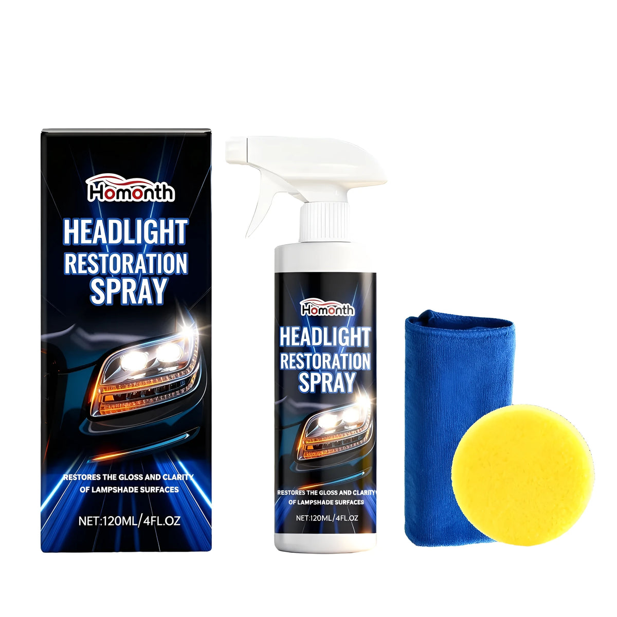 HOMONTH headlight restoration kit with 120ml spray bottle, sponge, and microfiber towel