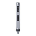 Compact aluminium electric screwdriver showing scale, displayed with its charging cable and bits.