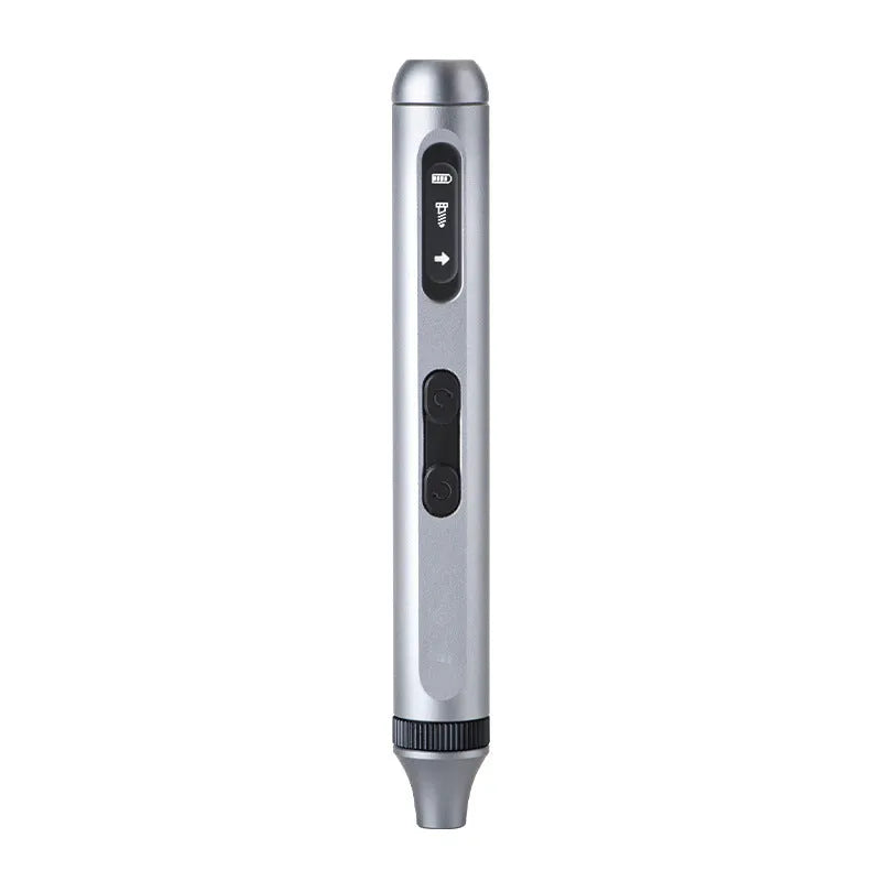 Compact aluminium electric screwdriver showing scale, displayed with its charging cable and bits.