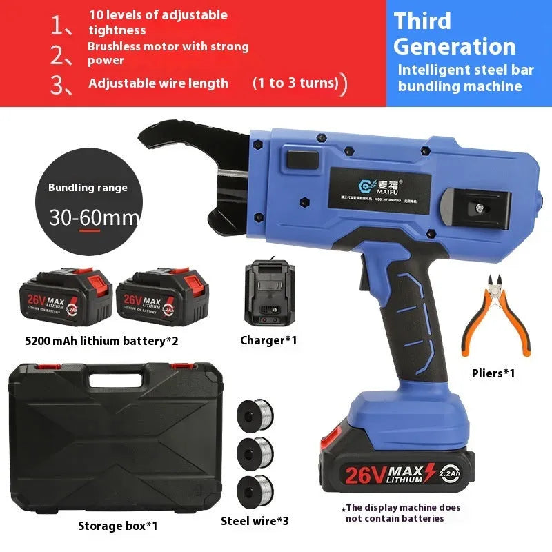 Electric steel reinforcement bar tying machine with battery and charger
