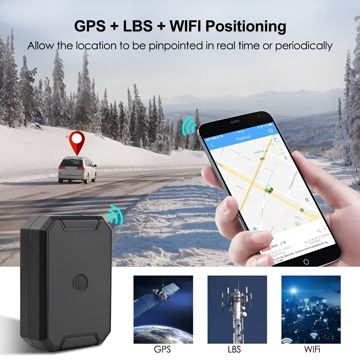 Black GPS car locator with 6000mAh battery, IP65 waterproof rating and ceramic antenna for vehicle tracking