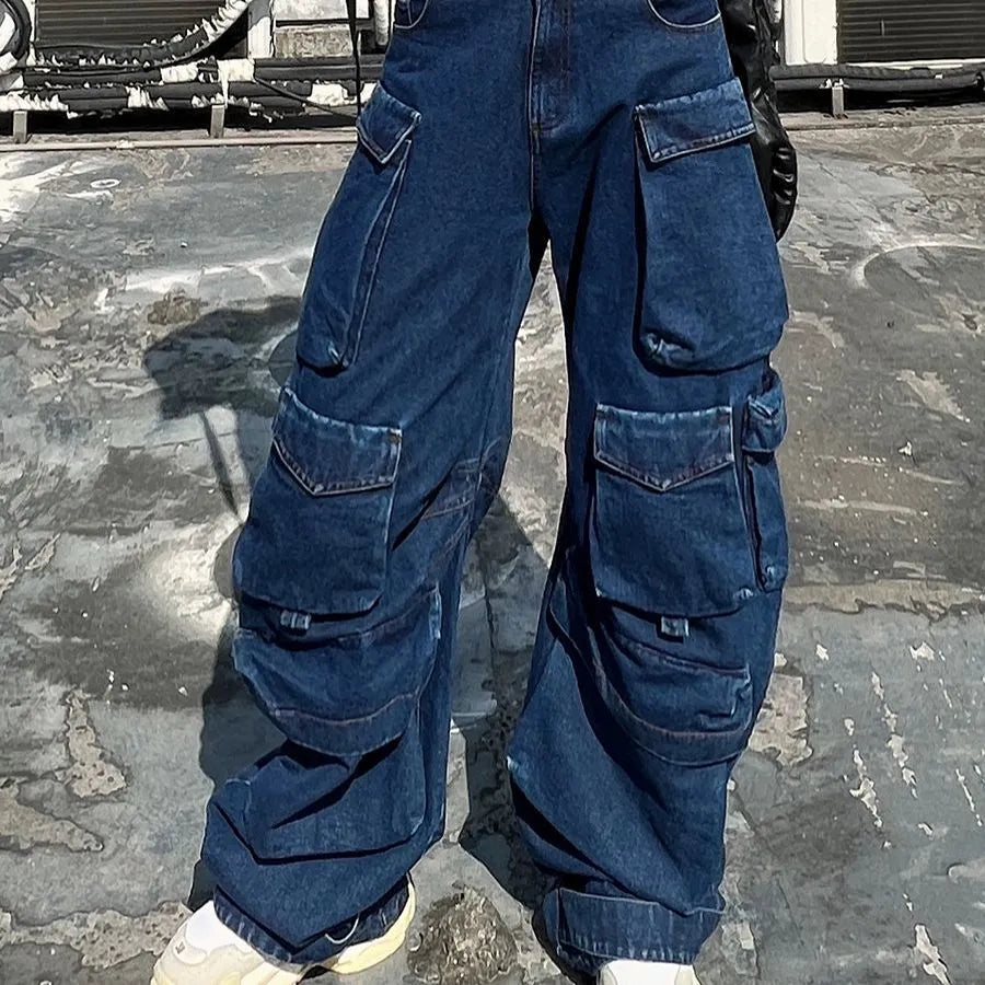Dark blue distressed wide leg jeans with high waist and multiple pockets