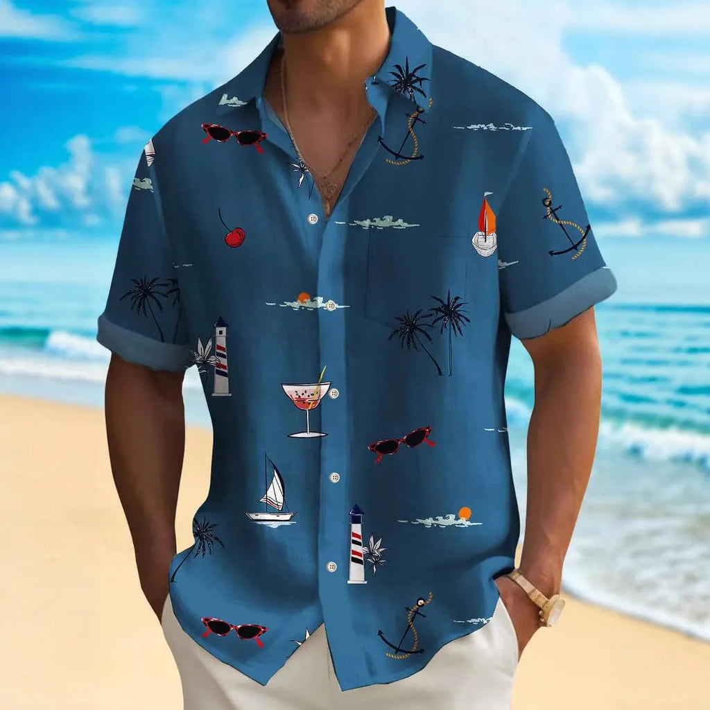 Man wearing a loose-fit short-sleeve Hawaiian shirt with a colourful digital print pattern.