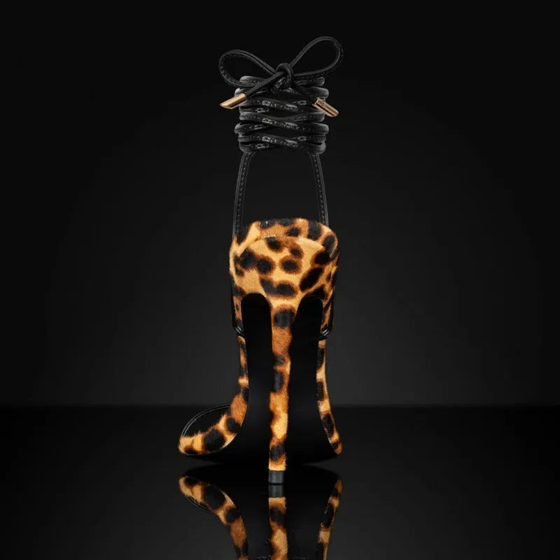 Women's pointed toe leopard print Roman gladiator sandals with lace-up buckle fastening