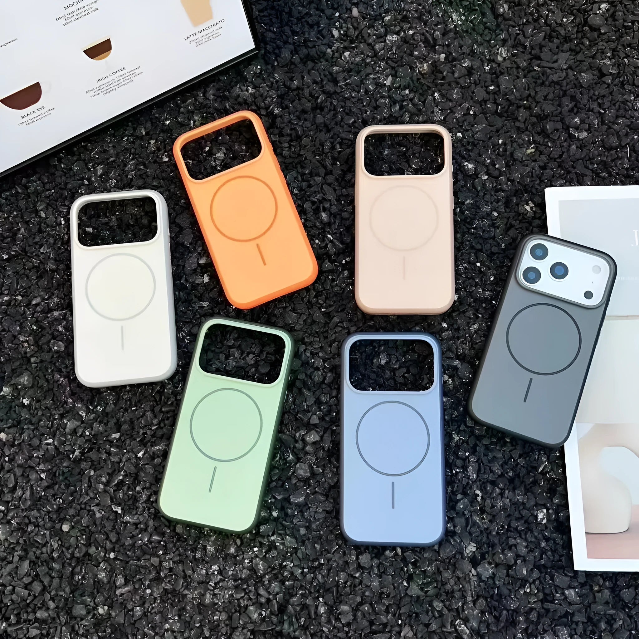 Blue frosted magnetic protective case for iPhone with a side AI camera button on a white background.