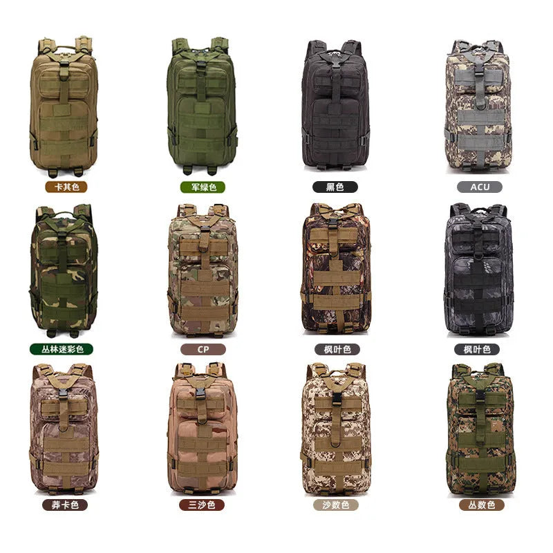 Large khaki off-road hiking backpack with air pillow belt system shown for mountaineering.