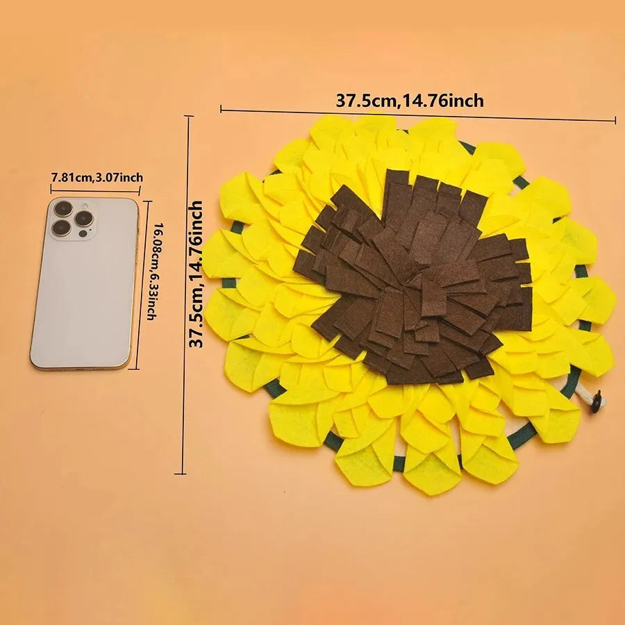 Yellow sunflower-shaped dog snuffle mat with fleece petals for treat hiding and slow feeding