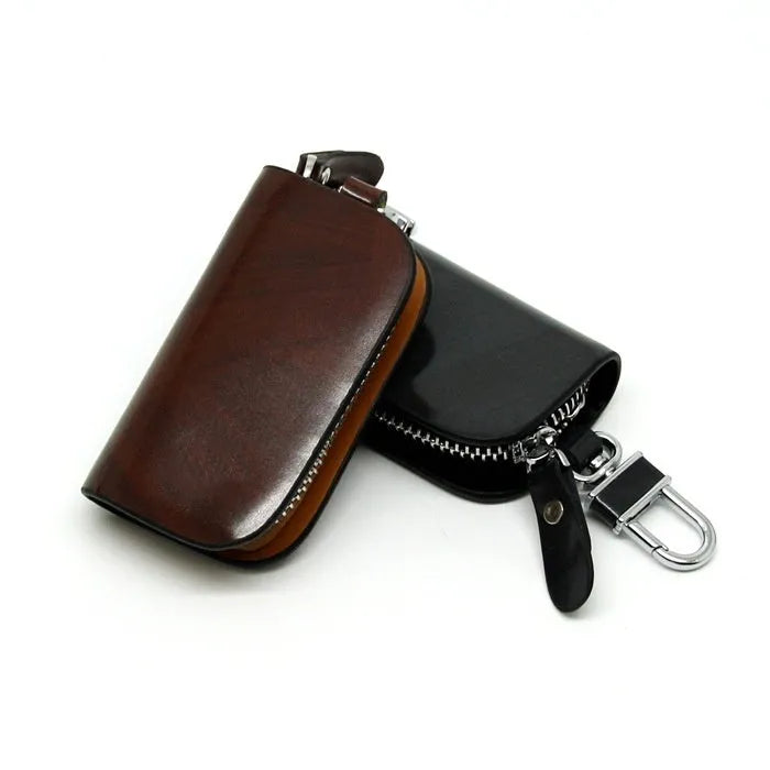 Genuine leather car key case with frost finish and zipper closure in black or brown