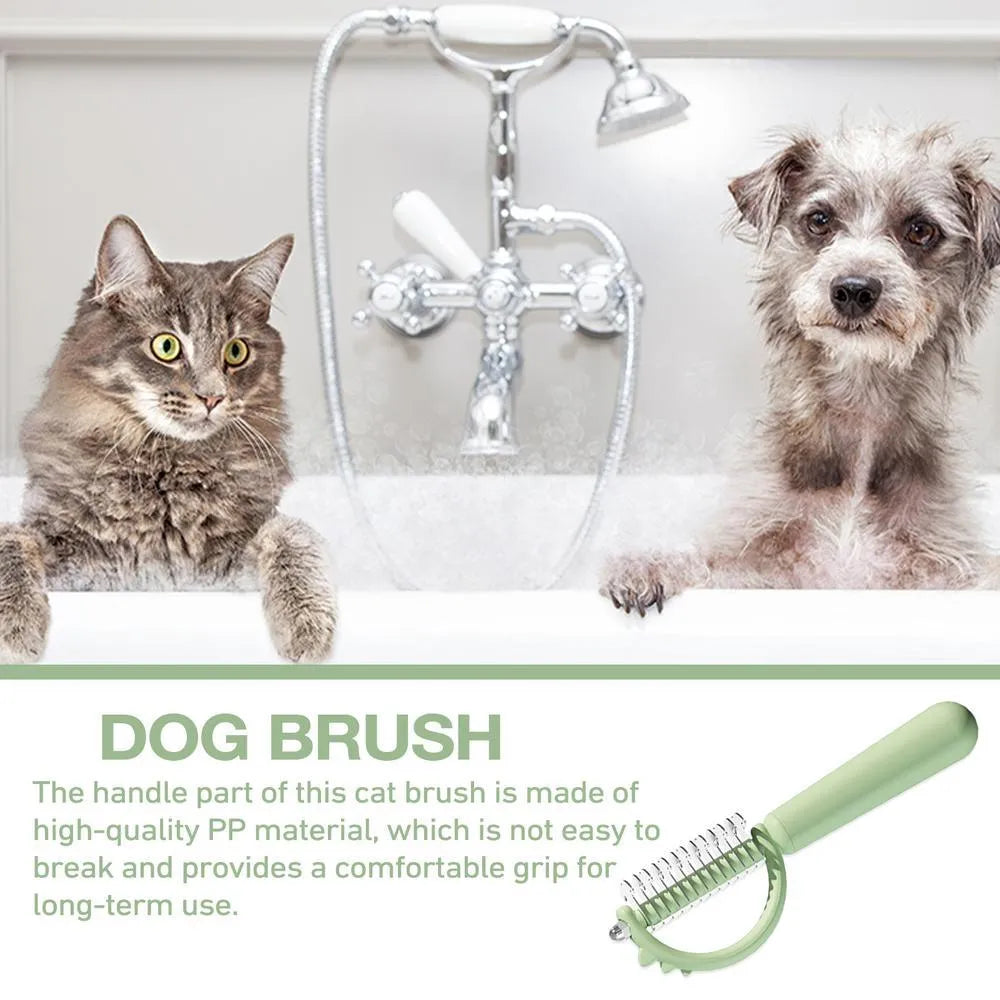 Blue dinosaur-shaped cat brush with double-sided grooming heads for shedding and dematting