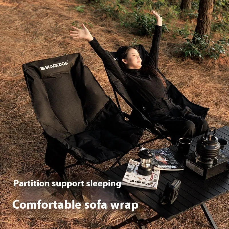 Night black camping recliner chair folded and unfolded showing Oxford cloth material and moon chair design