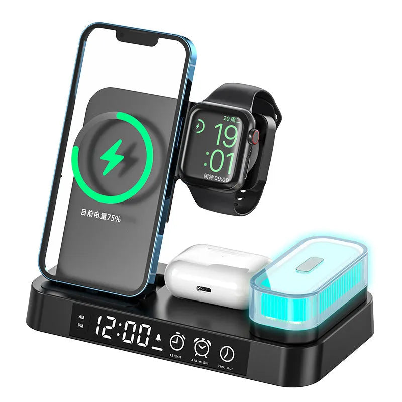 White 4-in-1 wireless charging station with foldable phone stand, alarm clock display, and RGB night light