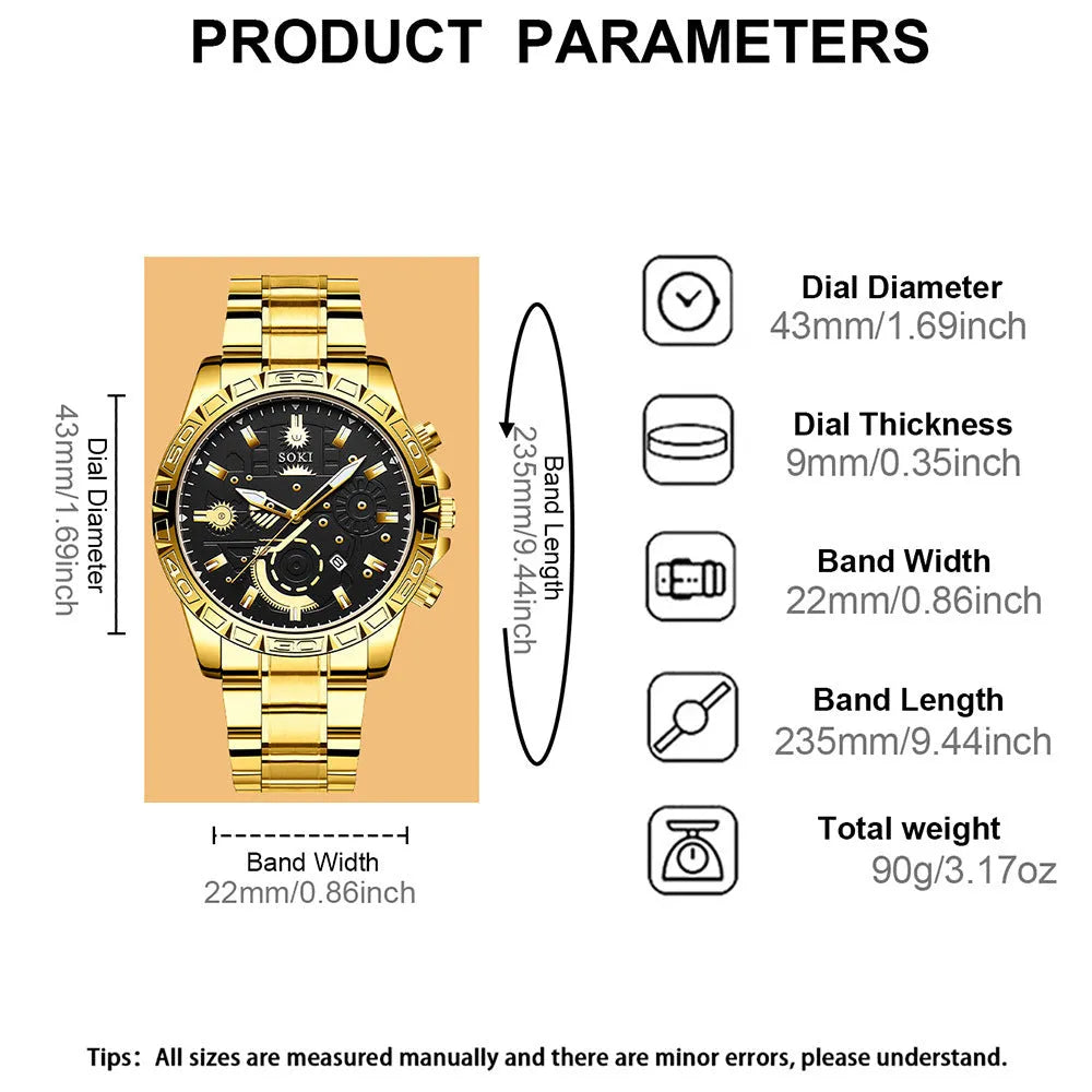 Men's gold tone stainless steel business calendar quartz watch with 10mm thickness case