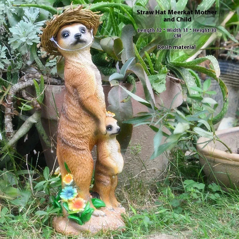 Straw hat mongoose resin ornament for bonsai and garden decoration.