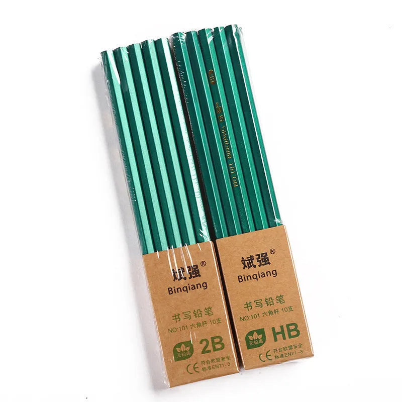 Ten green six-angle wooden pencils with HB and 2B graphite grades laid out in a set.